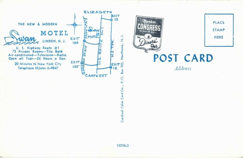 Postcard NJ Linden Swan Hotel Multi-View Interior and Exterior View C.1960 M33