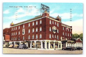 Postcard Four Flags Hotel Niles MIch. Michigan c1946 Postmark Antique Automobile