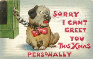 BB London Embossed Christmas Postcard X.9  Chained Pug Dog Can't Visit You