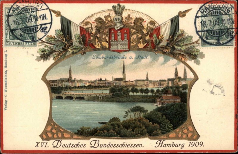 Hamburg Germany Deutsches Bundesschiessen Heraldic Embossed c1910 Postcard