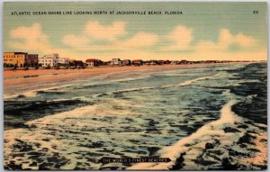 Jacksonville Beach Florida FL, Atlantic Ocean Shore Line North, Vintage Postcard