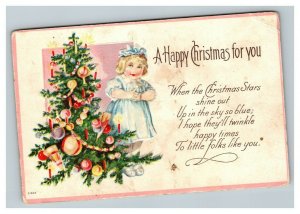 Vintage 1921 Christmas Postcard Cute Girl Blue Dress Xmas Tree Nice Poem