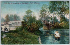 c1920s Chicago IL Washington Park Lagoon Sheep Heavenly Scene Postcard Boat A196