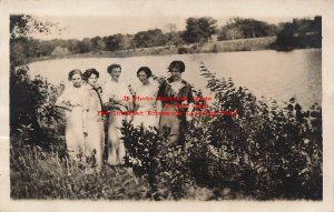 NE, Fremont Nebraskas Postmark, RPPC, 5 Women Posing by Pond or Lake