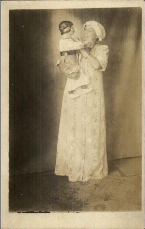 Woman in Nightgown & Cap w/ Doll Dolly c1910 Real Photo Postcard