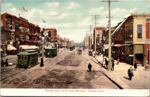 Postcard KS Topeka Kansas Ave. North from 8th Ave. Streetcars Shops ~1910 S85