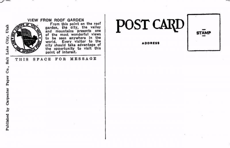 SALT LAKE CITY, UT Utah    HOTEL UTAH~ROOF GARDEN VIEW    c1940's Linen Postcard