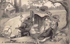 Fantasy 1905 Motor Accident in Catland Car Crash Humanized Cats postcard  B924