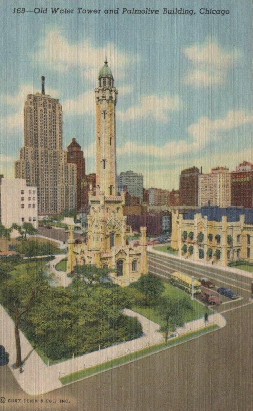 Old Water Tower And Palmolive Building Chicago Illinois Vintage Linen Post Card 