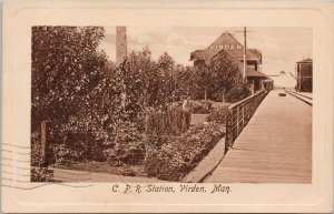 CPR Station Virden Manitoba Train Railway Depot c1911 to Brandon MB Postcard H30