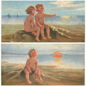 Artist Wally Fialkowska drawn children unit of 2 postcards c.1924