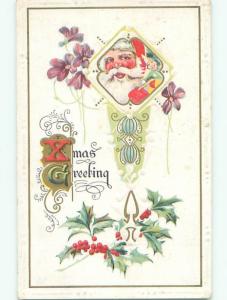 Pre-Linen christmas SANTA FACE WITH TOYS AND PURPLE FLOWERS J1620