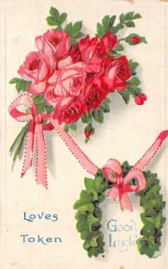 Greeting   LOVES TOKEN & GOOD LUCK  Pink Roses & Ivy Horseshoe  1910 Postcard
