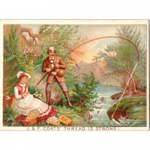 J&P COATS Sewing Thread - Man Woman Fishing 1880 Victorian Trade Card Calendar