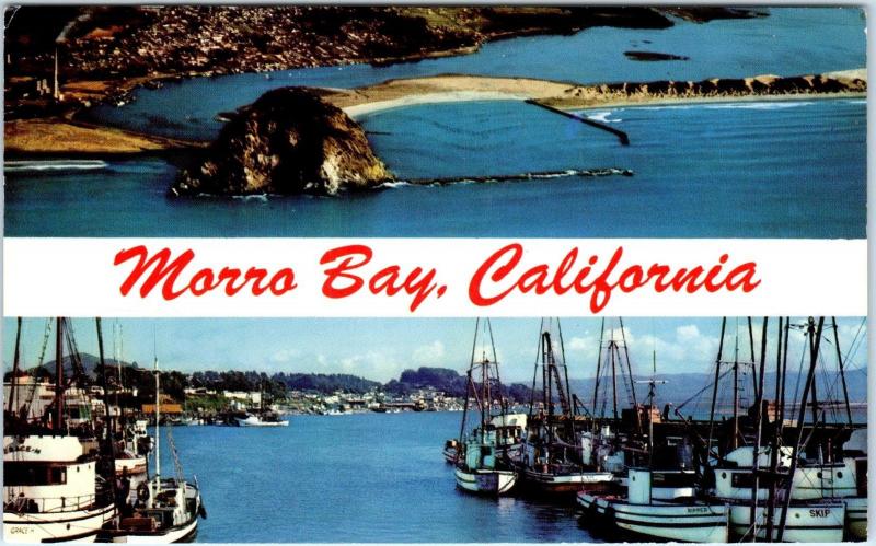 2 POSTCARDS of MORRO BAY, CA California  MORRO ROCK & HARBOR PM 1967,88