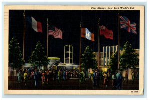 1939 New York NY, Flag Display World's Fair At Night Posted Vintage Postcard
