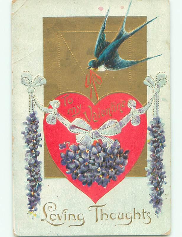 Pre-Linen valentine BLUE BIRD CARRYING HEART WITH PURPLE FLOWERS k5883