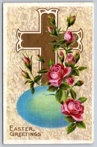 Easter Greetings, Roses, Cross, Egg, Antique Embossed Postcard