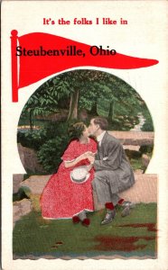 Advertising Postcard Pennant Flag Romantic Couple Visit Travel Steubenville Ohio