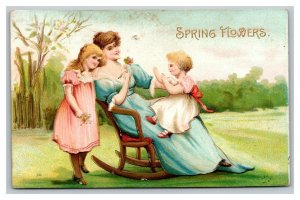 Vintage 1912 Postcard Spring Flowers Woman in Rocking Chair with Cute Children