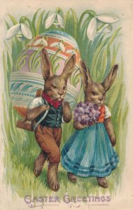 Easter Greetings - Dressed Rabbit Couple with Decorated Egg - pm 1908 - DB
