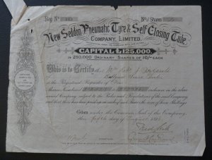 New Seddon Tyre & Self Closing Tube Co. Ltd share certificate dated 1896