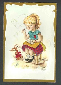 Ca 1958 PPC* SPAIN LITTLE GIRL W/WOVEN CLOTHING SHOWS RABBIT HOW TO SEE INFO