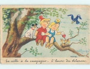Pre-Linen foreign signed DOG ON BRANCH WITH KIDS FEEDING BABY BIRDS J5028
