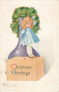 1920 Embossed Christmas Postcard Dec 24 Postmark Doll & Purple Vase