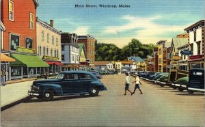 Main Street Winthrop Maine Old Car Me Linen Tichnor Views Vintage Postcard 