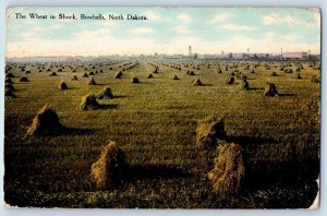 1910 Bowbells North Dakota Vintage Postcard Wheat Shock Exterior View Farm Field