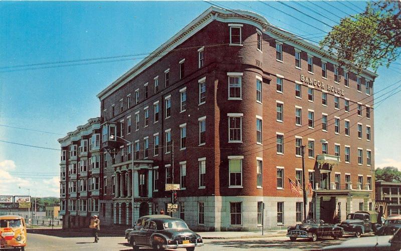 Bangor Maine~Street Scene~Bangor House Hotel~Holsum Van~50s Convertible Car