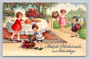 c1934 Children Setting Table Best Wishes for Your Birthday Vintage Postcard 1111