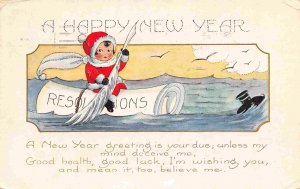 Girl Canoeing Resolutions Roll with Pen Happy New Year Greetings 1922 postcard