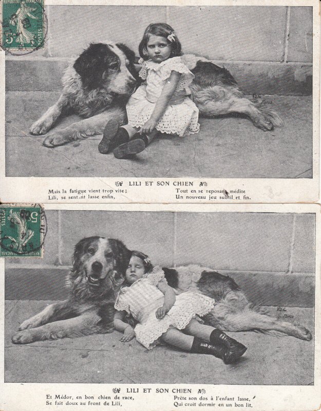 Lili and her dog unit of 2 postcards 1909 France 