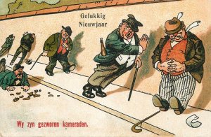 Humor comic drunk man wall New Year greetings alcohol related men caricatures