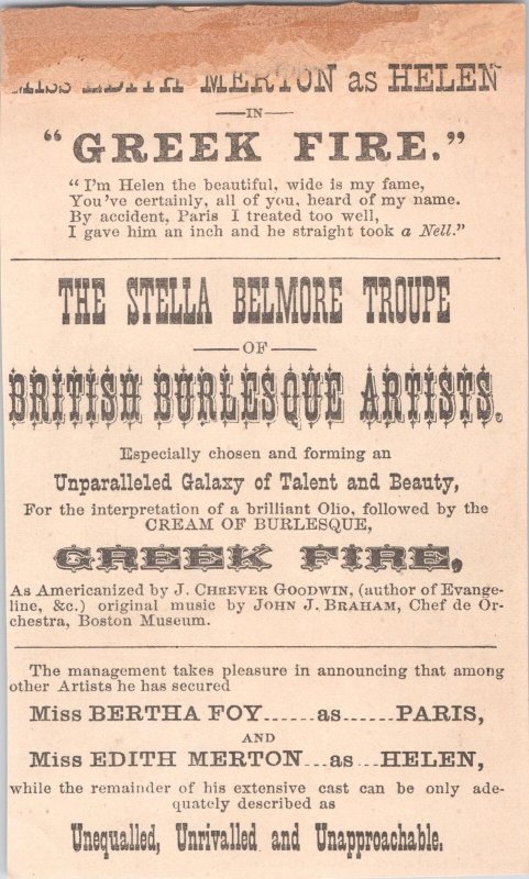 The STELLA BELMORE Troupe Britsh Burlesque Artists Greek Fire Trade Card