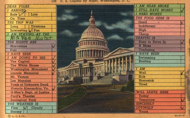 Vintage Postcard 1951 U.S. Capital by Night Washington D.C. Scenic Art Series