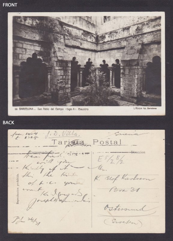 SPAIN, Vintge postcard, Barcelona, Sant Pau del Camp Cloister