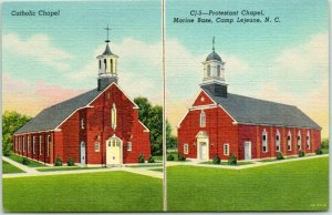 CAMP LEJUNE NC Postcard Protestant Chapel, Marine Base USMC Linen WWII c1940s