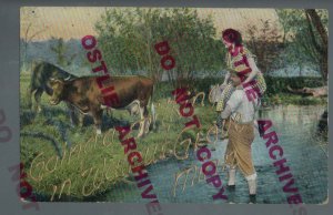 Walnut Grove MINNESOTA 1909 GREETINGS FROM Milk Maid Cow nr Lamberton Tracy MN