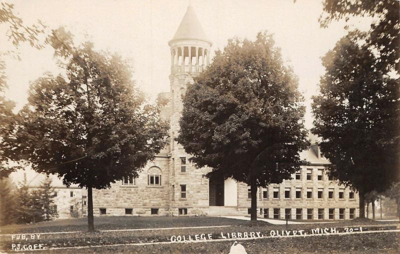 Olivet College Michigan~Burrage Library w/Round Cupola~Bushy Trees~RPPC 1909 