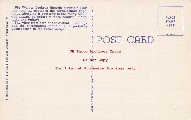 Curt Teich Linen Map Postcard, Big Walker Lookout Virginia