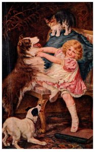 Dog  , Girl playing with dogs and Cat