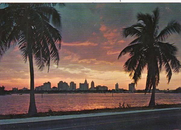 Florida Miami Skyline Over Biscayne Bay At Sunset