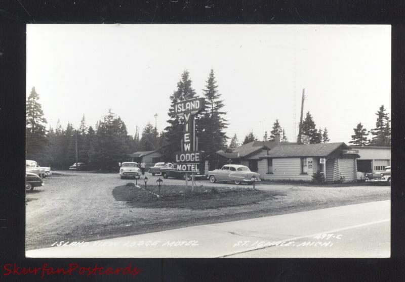 RPPC ST. IGNACE MICHIGAN ISLAND VIEW LODGE MOTEL 1950's CARS REAL PHOTO POSTCARD