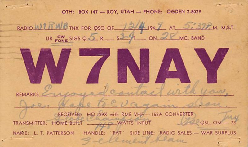 W7NAY Roy, Utah, USA QSL 1949 