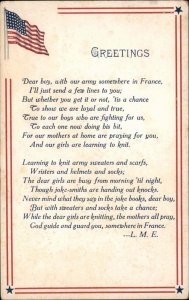 WWI Greetings to Soldiers in France Patriotic Poem Vintage Postcard 