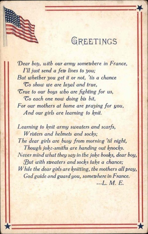 WWI Greetings to Soldiers in France Patriotic Poem Vintage Postcard