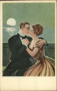 Art Deco Beautiful Woman Handsome Man Moonlight Romance A/S Postcard #1